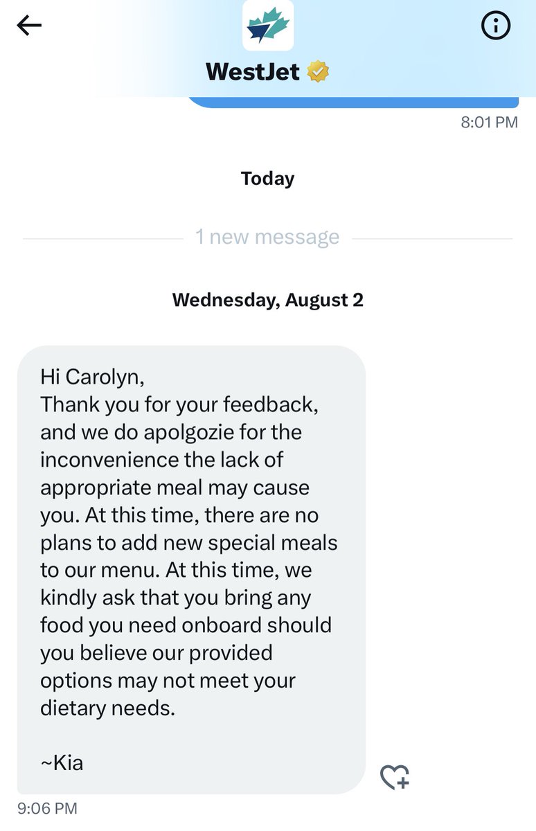 Update from @Westjet: no plans to provide allergy-safe food to customers. No discount. Just bring your own food. #Travel #allergies #Corporatecare