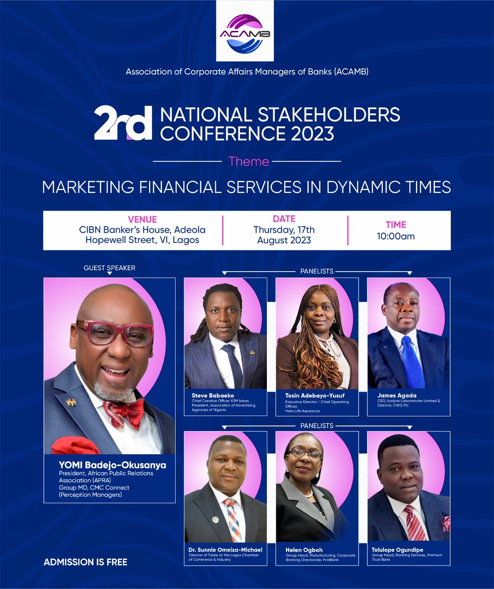 proshare's tweet photo. The #ACAMB, which represents corporate and marketing communication professionals working in Nigerian DMBs, has set August 17, 2023, as the date for its 2nd National Stakeholders' Conference.
🔗 https://t.co/BGct39i4ol https://t.co/L03yyJEXEg