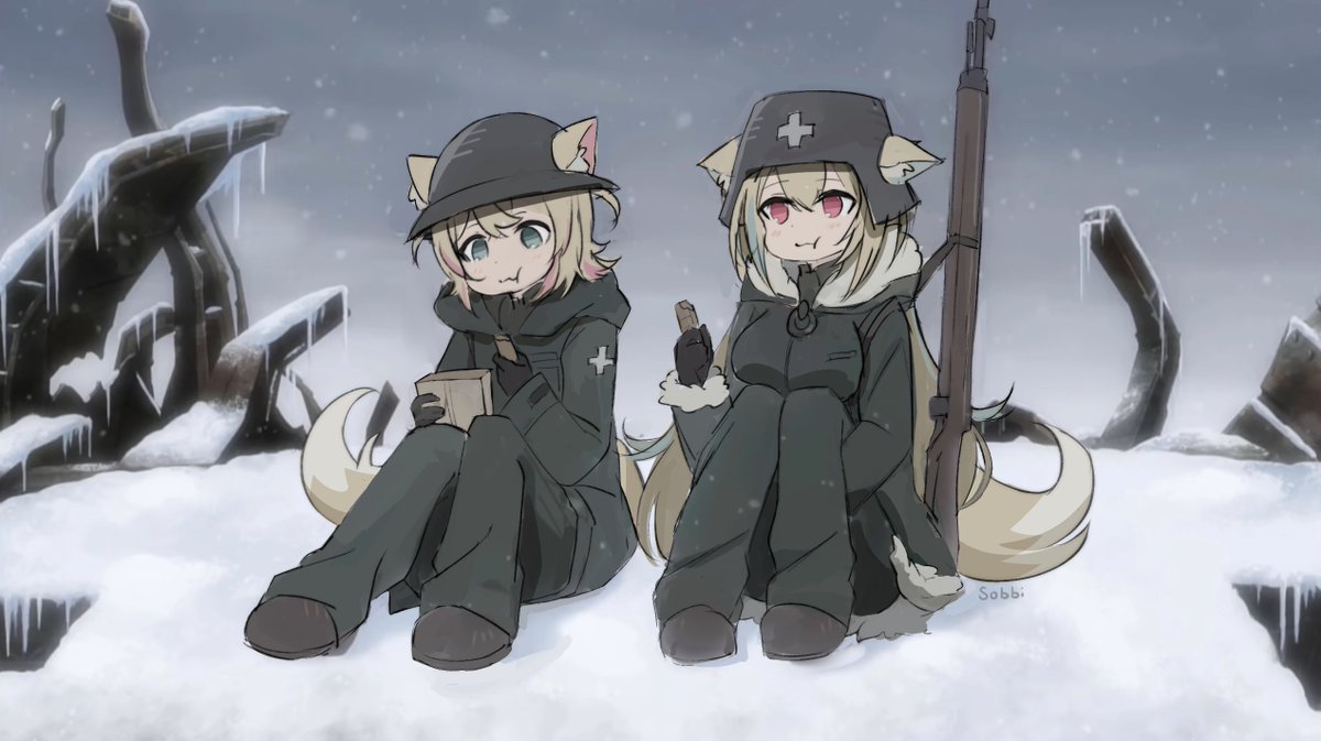 multiple girls 2girls animal ears snow eating weapon tail  illustration images