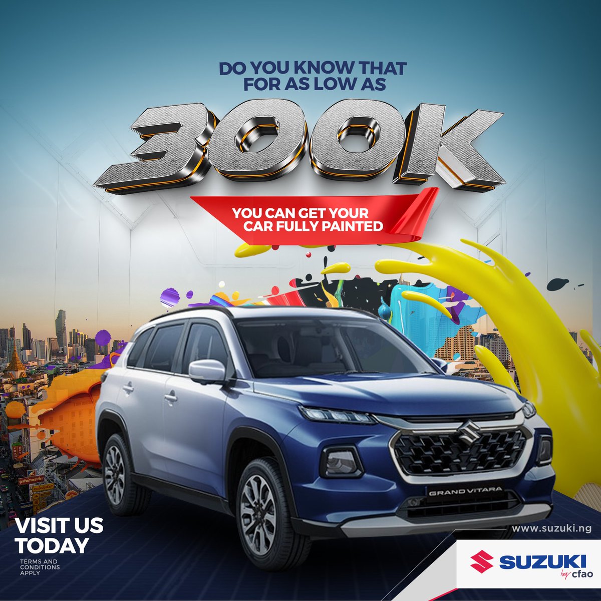 Get your car fully painted from a starting price of 300K.

For more information, call +234 803 906 1050.

#suzuki #suzukibycfao #paintingcampaign #aftersalesservice