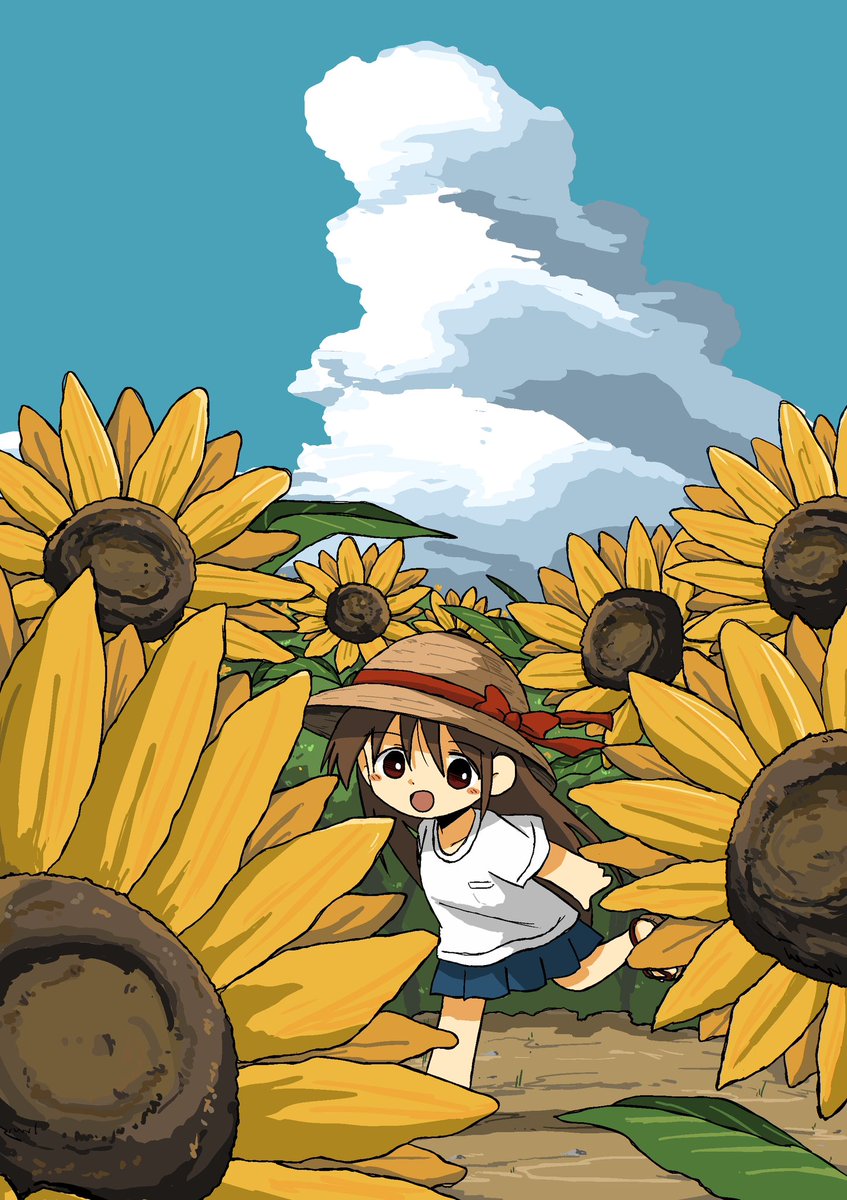 1girl sunflower flower solo brown hair hat skirt  illustration images