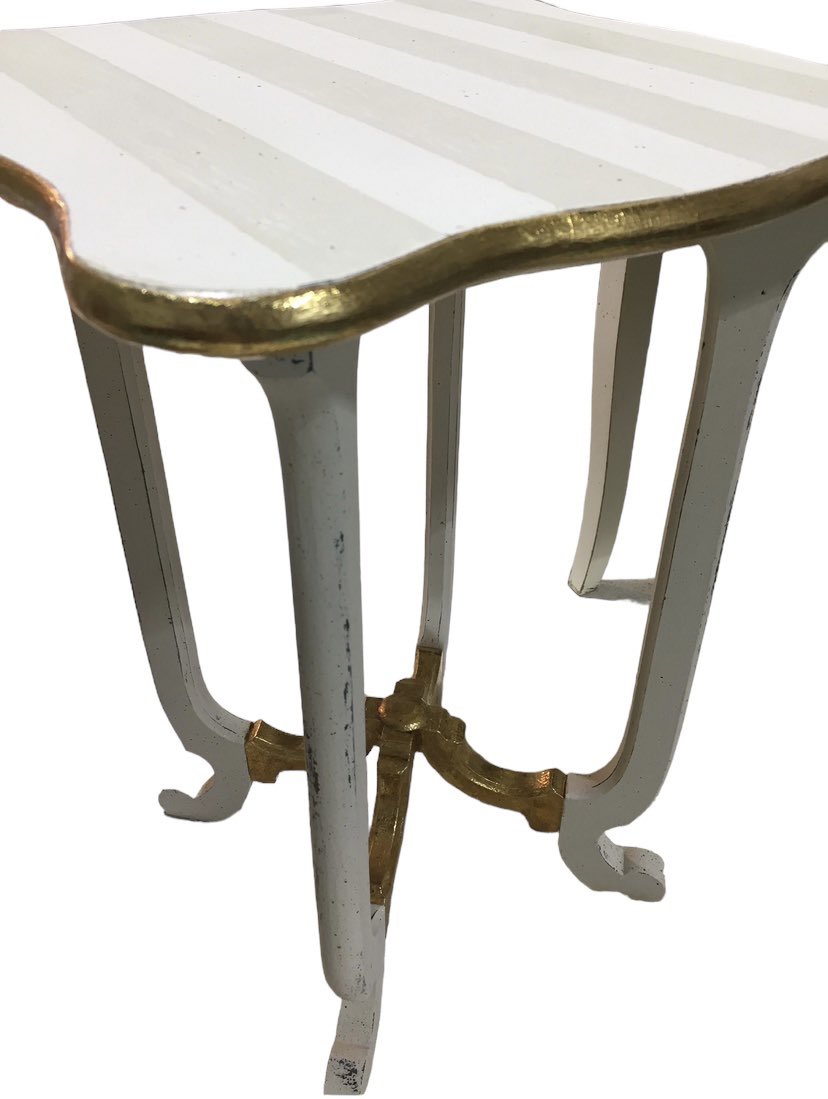 paintwithjim's tweet photo. “Less is More”
Simple Chic makeover to a wee lost and found table. I used antique white and beige paints, masking tape, @AE_Finishes size, gold foil, tinted scumble to antique the gold and gloss top coat to seal the gold foil. Keeping a piece simple a classic finish. https://t.co/ohjQSdrTR7