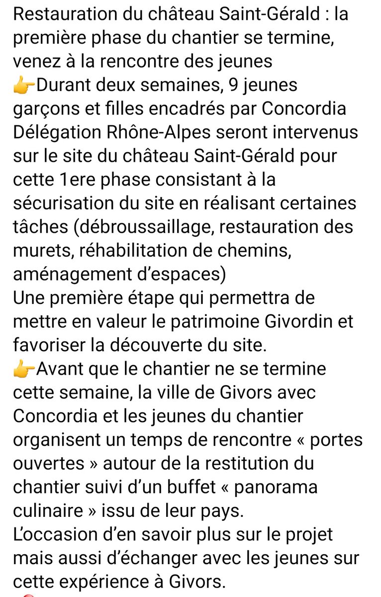 CEGivors2020's tweet photo. #Givors
Des nouvelles du chantier de restauration du site Château Saint Gerald
Un grand bravo aux jeunes encadrés par @asso_concordia que vous pouvez rencontrer
ce mercredi 9 août à partir de 17 h 30 à la Maison du Fleuve Rhône (salle de l’orangerie près de la salle Rosa Parks). https://t.co/sG8fa0gnPt