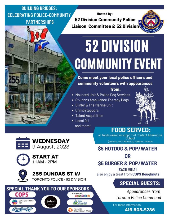 TPS52Div's tweet photo. HAPPENING TODAY! Join us! 11 am - 2pm 
52 Division's Community Event hosted in partnership with @tps52div's Community Police Liaison Committee!     
255 Dundas Street West
     
#communitypartnerships 
#52Division 
#52DivCPLC https://t.co/ww5kq01e10