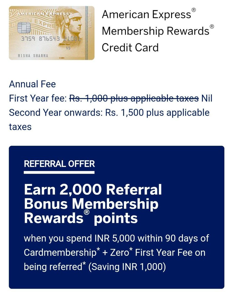 Get American Express Rewards Credit Card First Year Free + 2000 Bonus On Rs.5000 Spends.

Link :  americanexpress.com/en-in/referral…

This Card Gives Many Spends Baised Rewards Points.

Points Can Be Used For Buying Gift Voucher.

Personally Using This Card, Currently It's Free For Everyone