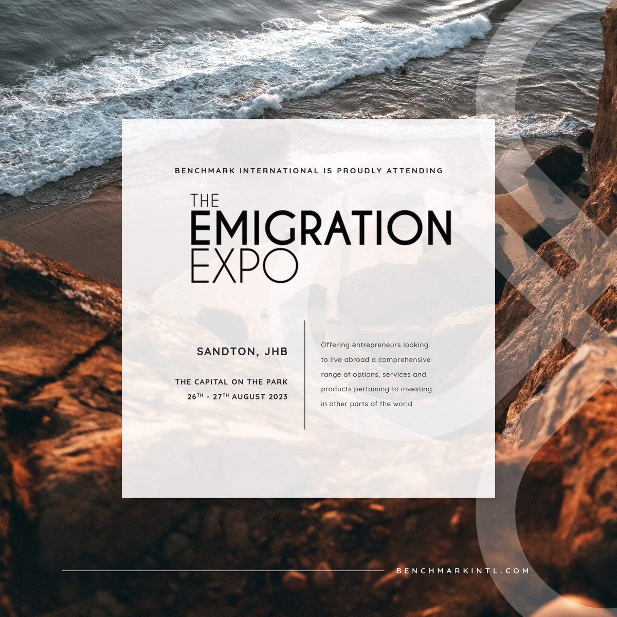 benchmarkgroup's tweet image. On August 26-27th from 10:00 - 18:00, Benchmark International will be attending the Johannesburg Emigration Expo, located at the Capital On The Park, Sandton, JHB. 
Looking forward to seeing you there! 
 
#Benchmarkinternational #MandA #EmigrationExpo #Johannesburg #Emigration