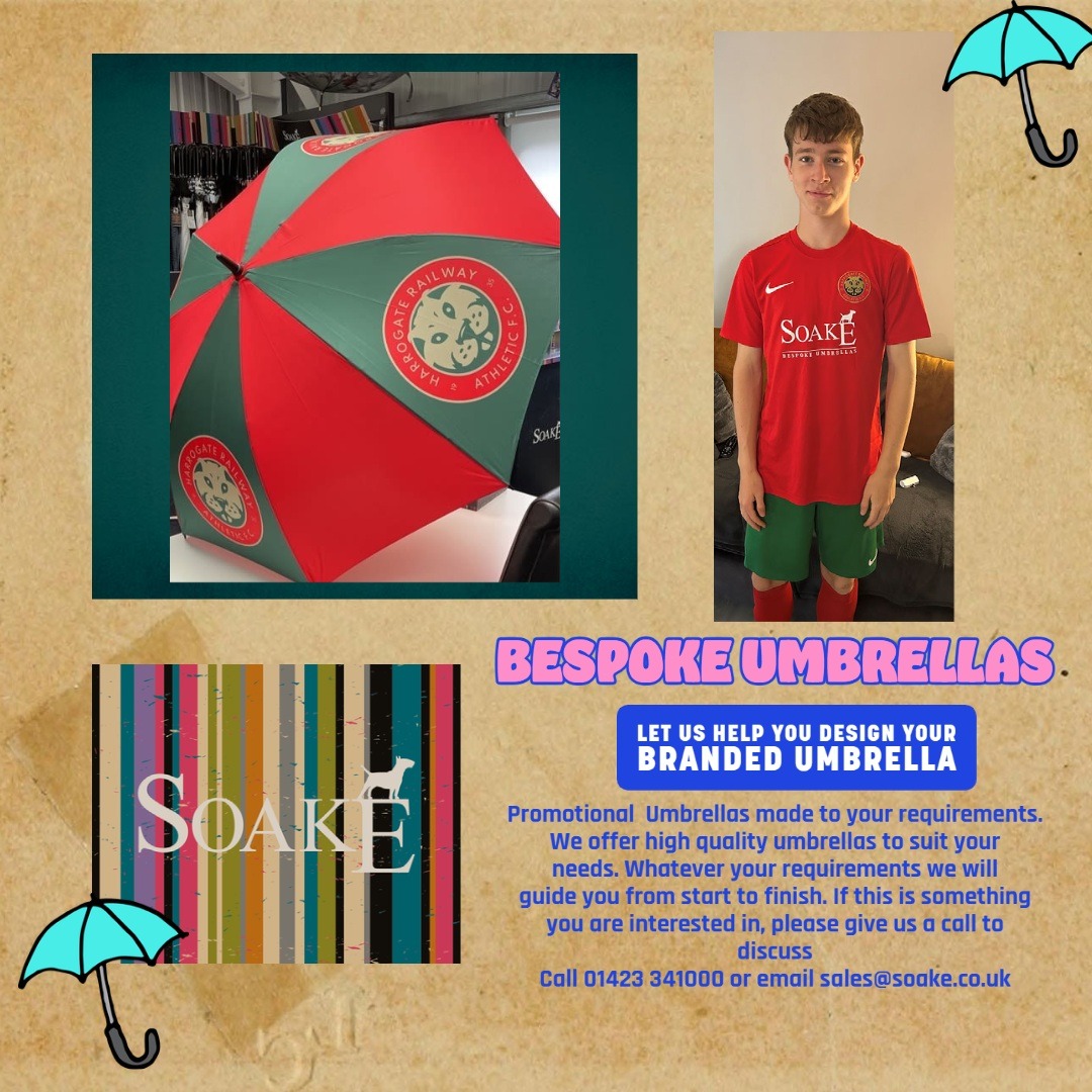 Our Sons Football Team - Harrogate Railway. Kit sponsored by Soake. We can help design your umbrella, please give us a call if this is something you are interested in. We are always happy to help. #soake #promotional #bespoke #Harrogaterailyway #football  #umbrellas #rain