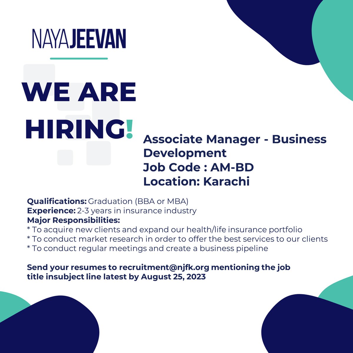 We're expanding our team in #Karachi! Join us as Associate Manager - #BusinessDevelopment. Check out the responsibilities, and qualifications in the post below and reach out if you want to be involved in creating equitable communities: recruitment@njfk.org
#NayaJeevan #Careers