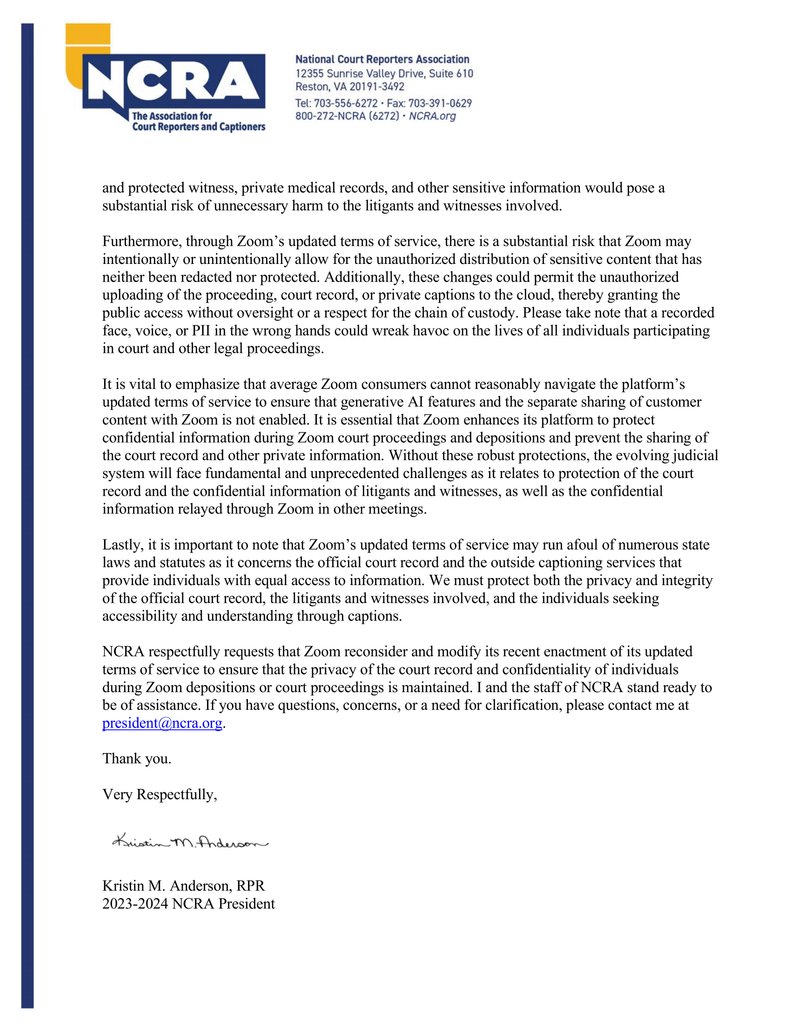 NCRA statement addressing the privacy concerns associated with Zoom’s updated terms of service.