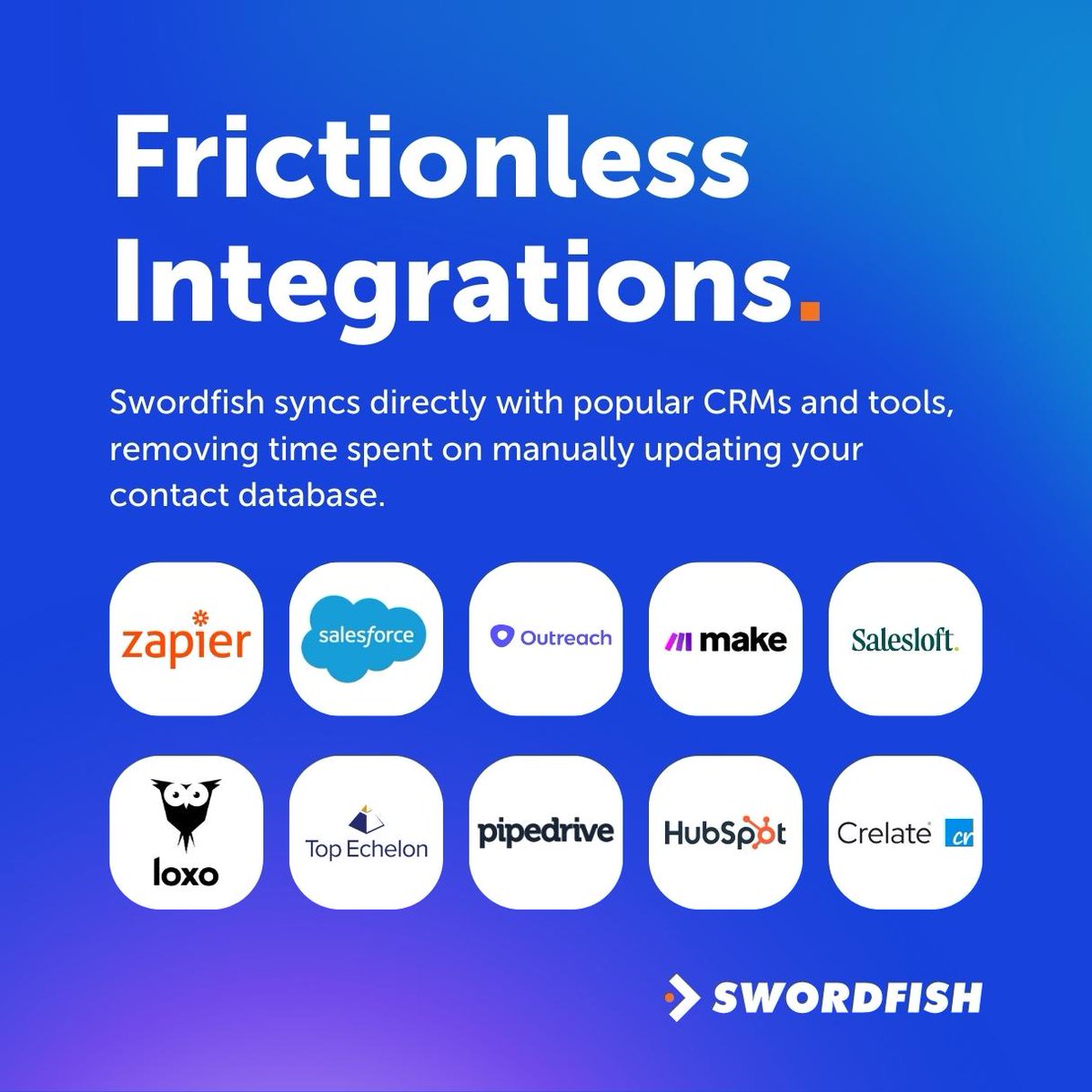 Swordfish.ai syncs directly with popular CRM and ATS platforms, removing time on manually updating your database. 

Claim $500 of contact data FREE 👇

swordfish.ai 

#sales #salesintelligence #salestips #saleshack #coldcalling #coldoutreach