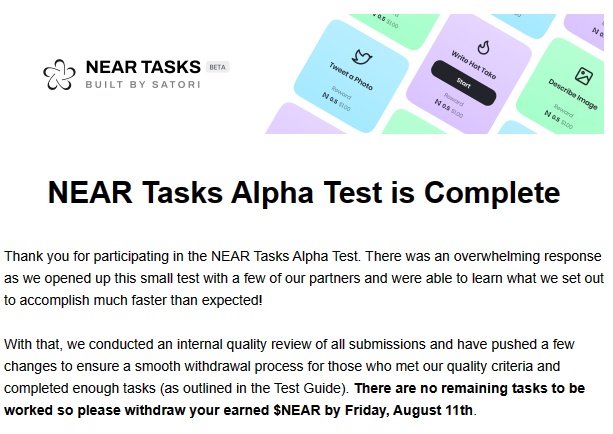 0xjeanzovisk's tweet photo. I performed the @near_tasks alpha test and earned some $NEAR by completing simple tasks, which I've already withdrawn to my wallet easily. I can only say one thing to you: It's fantastic!

Take advantage and join the waiting list. https://t.co/sJmZY4h8E1" https://t.co/MlCyi59sUd