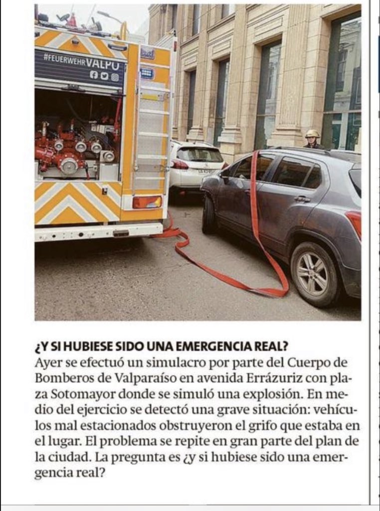 CBV1851's tweet photo. 🗞️¿Y si hubiese sido una emergencia real? En La Estrella de #Valparaíso puedes revisar la publicación sobre el simulacro en el que nos encontramos con autos obstruyendo grifos. En un caso real, esto pone en peligro la vida de personas. Lamentablemente, hoy se repitió la situación https://t.co/iygfbjIVjc