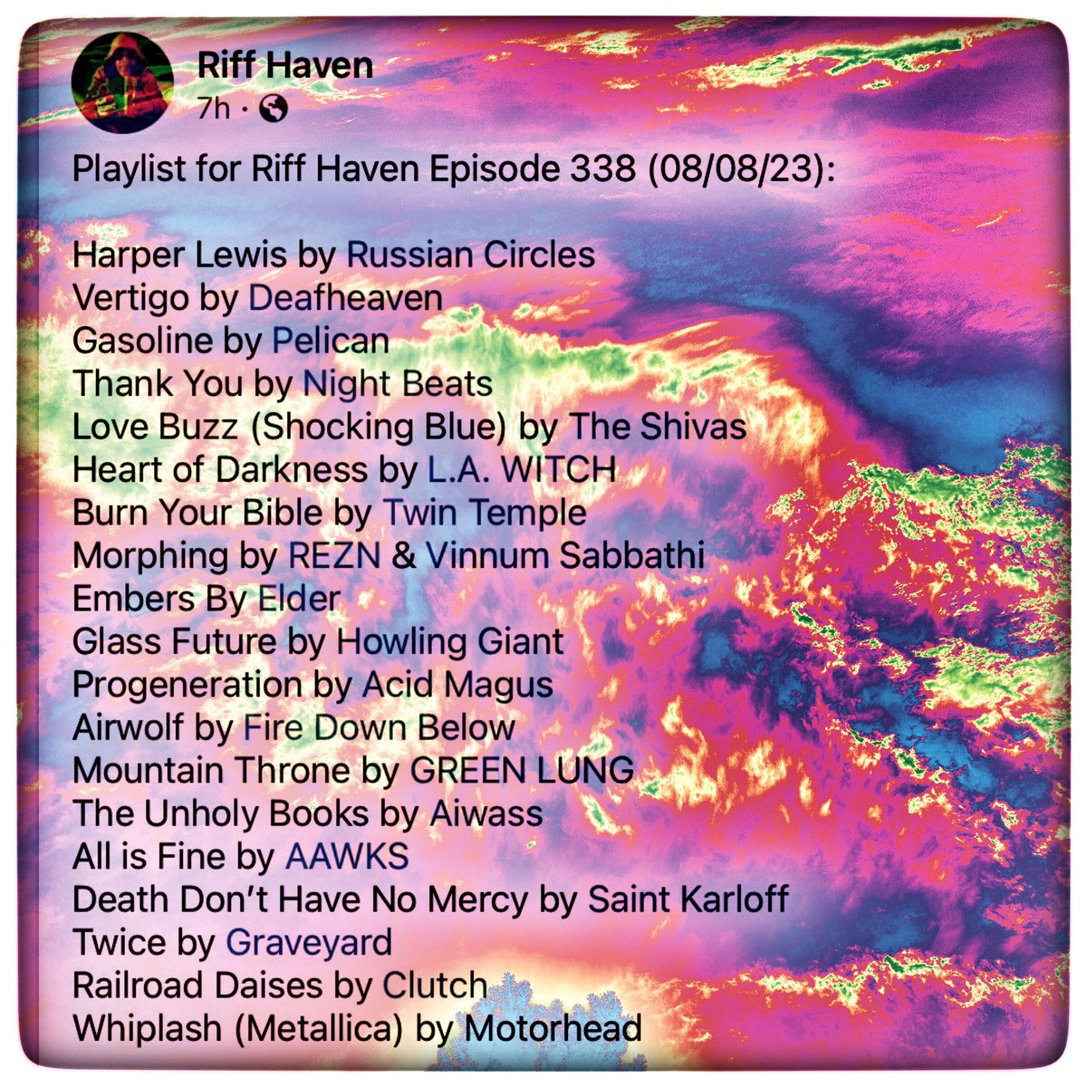 RiffHaven's tweet photo. #RiffHaven #radioboise #RussianCircles #Deafheaven #Pelican #NightBeats #TheShivas #LAWitch #TwinTemple #REZN #VinnumSabbathi #Elder #HowlingGiant #AcidMagus #FireDownBelow #GreenLung #Aiwass #AAWKS #SaintKarloff #Graveyard #Clutch #motorhead https://t.co/0rW4TH0eIk