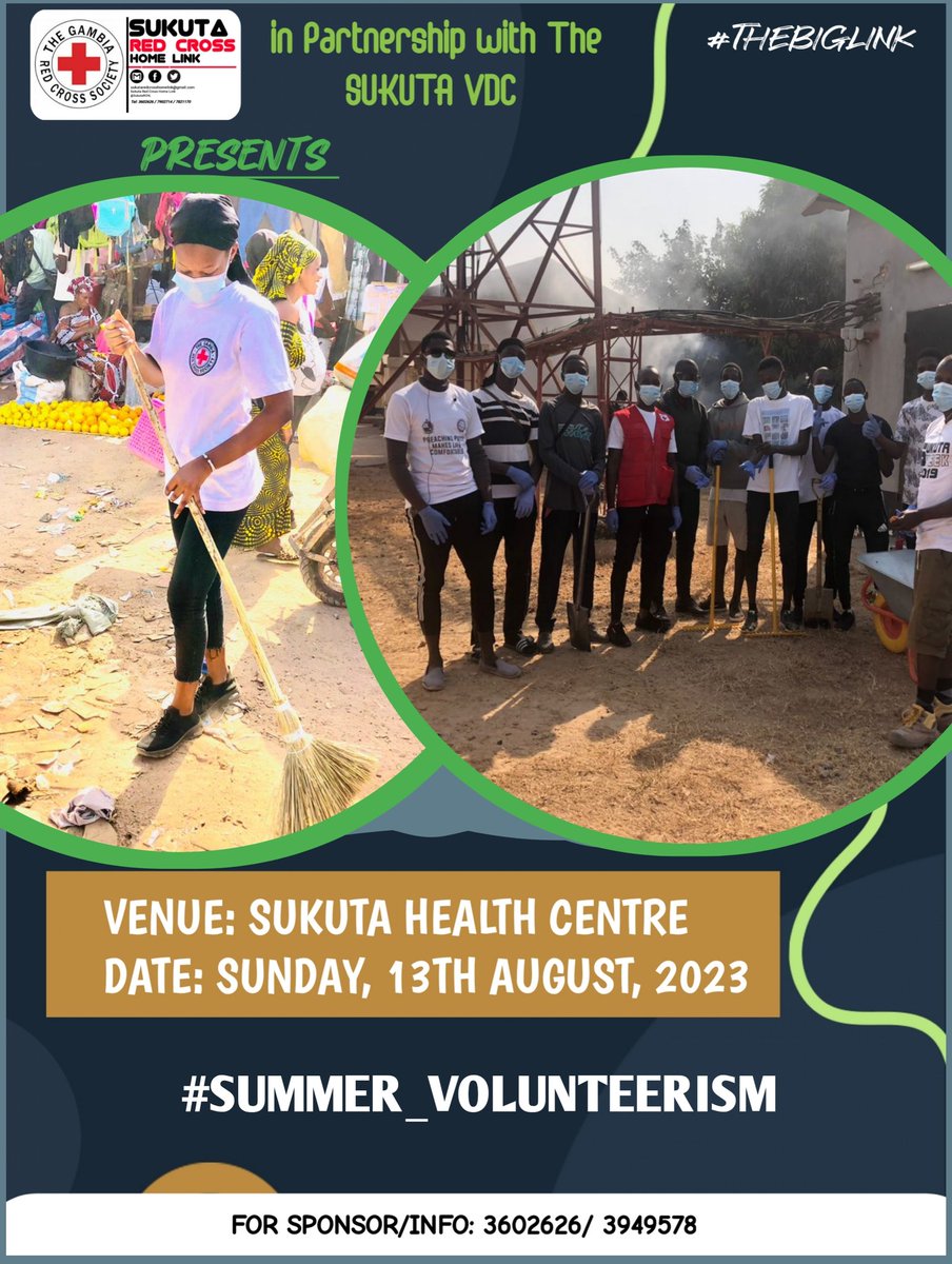 SukutaRCHL's tweet photo. Dear Sukuta Red Cross Home Link volunteers,

We would like to remind you about the upcoming cleansing exercise at the Sukuta Health Centre, which is one of the important activities of our summer volunteering campaign. https://t.co/NP35kpnutY