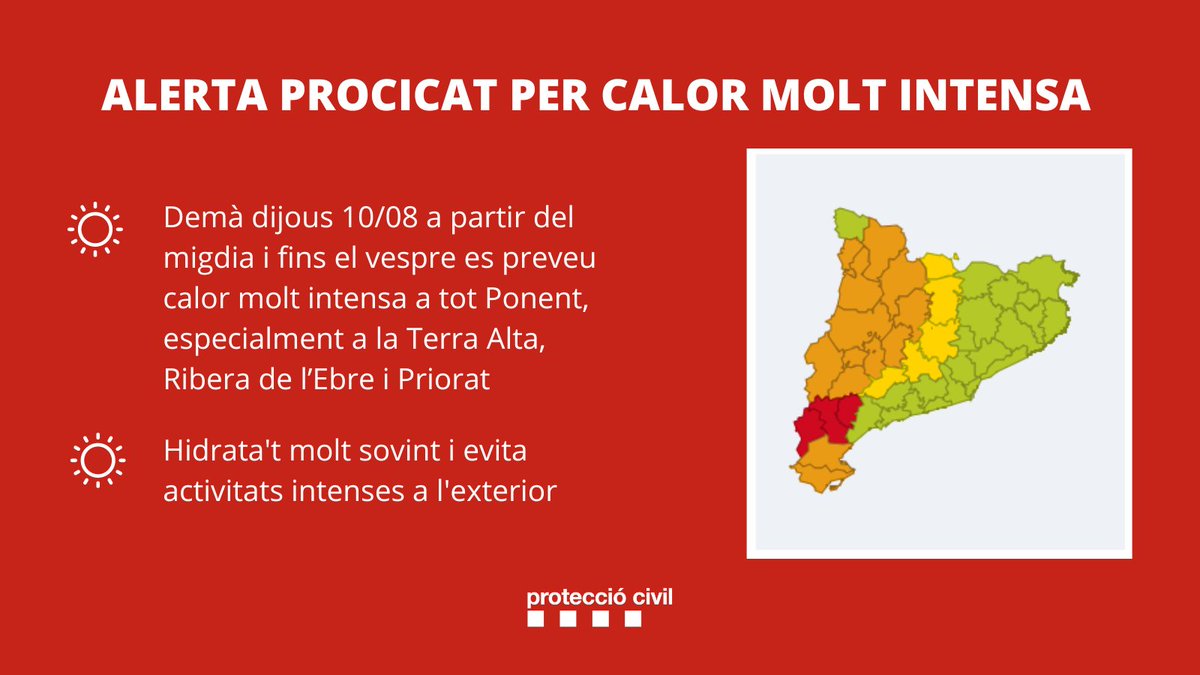 emergenciescat's tweet photo. Alerta #PROCICAT per calor molt intensa les hores centrals de dijous a Ponent

🌡 Les temperatures seran especialment extremes a les comarques de la Terra Alta, Ribera de l’Ebre i Priorat

⚠Evitar estar a l’exterior les hores centrals del dia

Més info: https://t.co/UCWqG82xW0 https://t.co/mcdxqMOw19