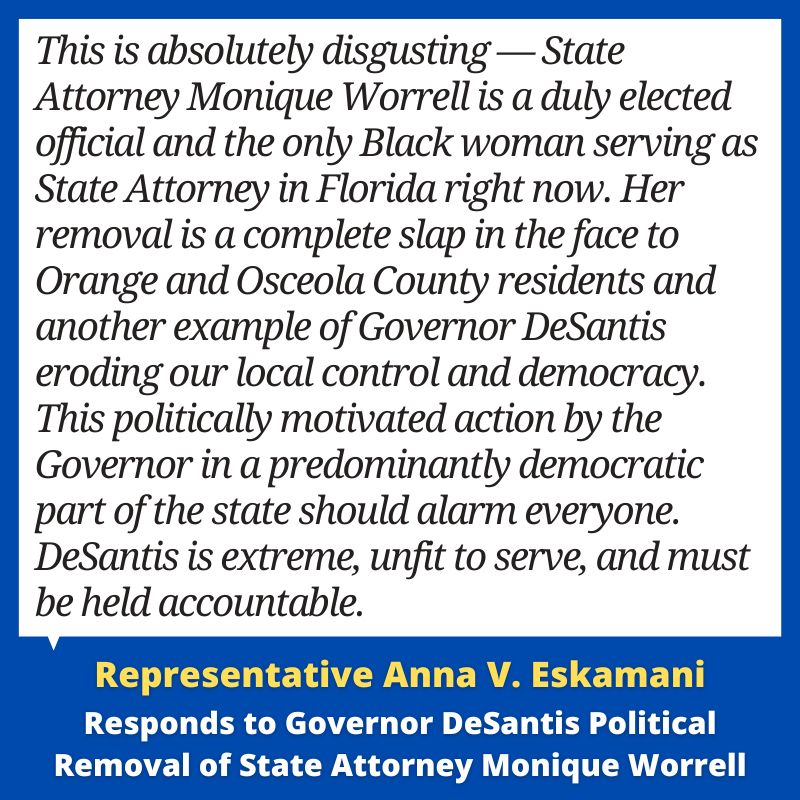 AnnaForFlorida's tweet image. My statement in response to Governor DeSantis removing our duly elected State Attorney @MoniqueHWorrell. This is another example of his extreme anti-Democratic stances. It is so sick.