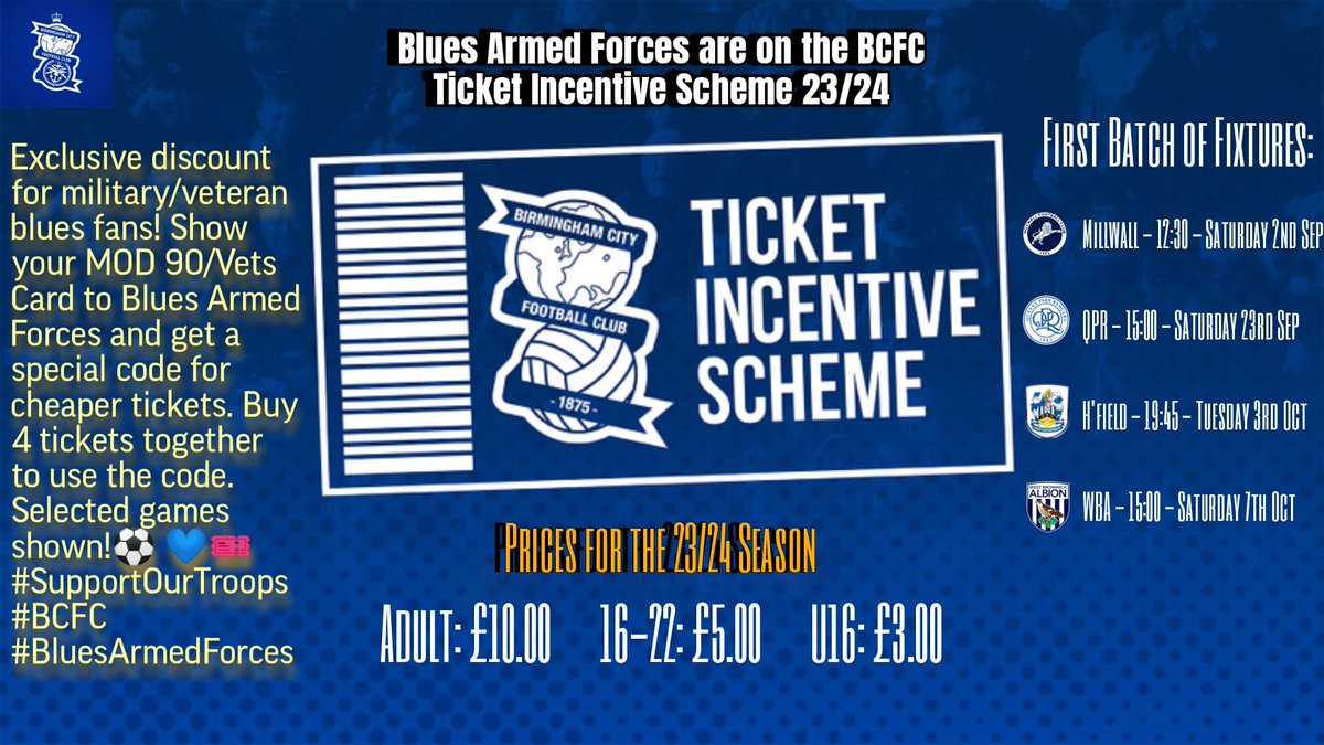 BCFCArmedForces's tweet image. 🔵⚪️ Exciting News! ⚽️🎉

We're thrilled to announce that Blues armed forces are now part of the BCFC Ticket Incentive Scheme! 🎫👏 All Military personnel &amp;amp; Veterans can enjoy discounted tickets for select home games in the upcoming 22/23 season. 🏟️🎈
#BCFC #BluesArmedForces