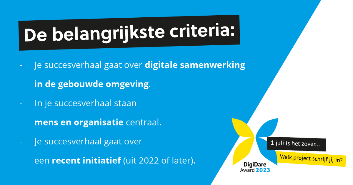 BNA_nl's tweet photo. Ben jij een koploper op gebied van #digitalisering? Zend dan jouw voorbeeld van digitaal samenwerken in voor de DigiDare Award! De Award is dé prijs voor goede voorbeelden van digitale samenwerking in de bouw. Insturen kan tot 1 september 2023. https://t.co/qjVEid5PA5 https://t.co/QHKoP0jYnL
