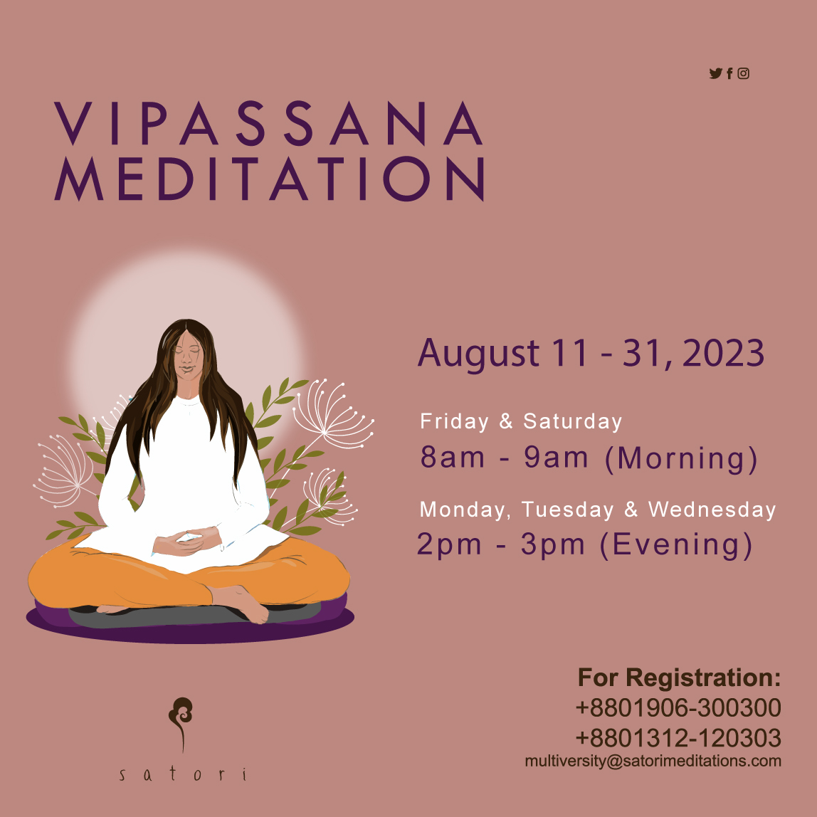 SatoriMeds's tweet photo. Vipassana Meditation
Vipassana is one of the most ancient techniques of meditation. This particular meditation is powerful to know the nature of our mind, to experience the impermanence of time and circumstances and to learn to live in the present moment. https://t.co/AGPu0xAQY2