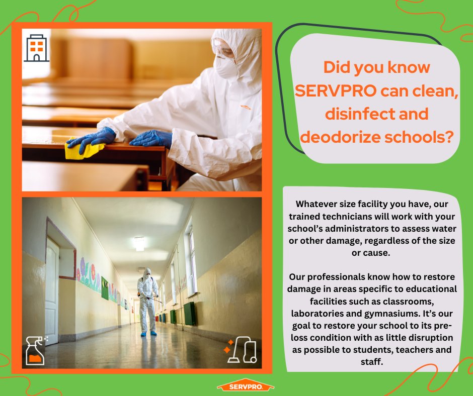 SERVPRO can clean schools, no problem! We can tackle messy classrooms, grimy hallways, funky bathrooms and more. We've got the skills, the tools, and the enthusiasm to make those schools sparkle and shine like never before!  #cleaning #firedamage #waterdamage #reconstruction