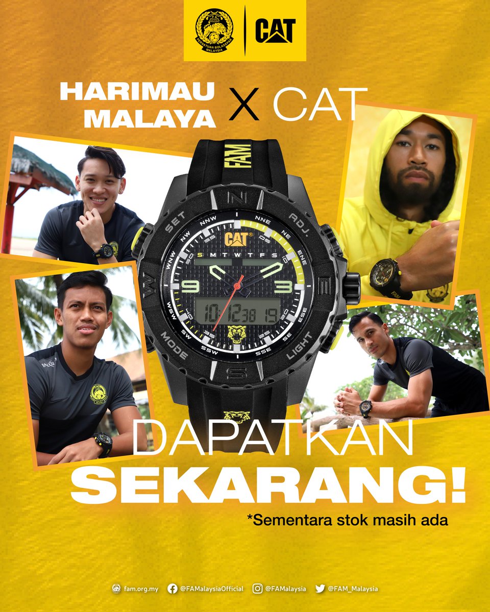 FAM_Malaysia's tweet photo. β Dapatkan jam tangan edisi terhad CAT x Harimau Malaya berharga RM499 ini sekarang di:
π SHOPEE & LAZADA: CAT Watches Official Store
π Marco Official e-Store
π Kedai pengedar sah yang disenaraikan
https://t.co/soWXvyjBLd
#FAM #HarimauMalaya #CATxFAM #CATxHarimauMalaya https://t.co/Cc87uIakgb