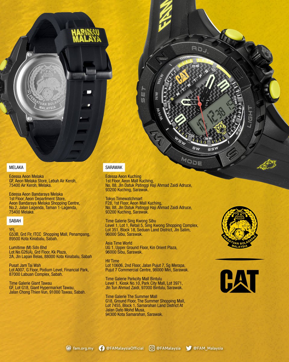 FAM_Malaysia's tweet photo. β Dapatkan jam tangan edisi terhad CAT x Harimau Malaya berharga RM499 ini sekarang di:
π SHOPEE & LAZADA: CAT Watches Official Store
π Marco Official e-Store
π Kedai pengedar sah yang disenaraikan
https://t.co/soWXvyjBLd
#FAM #HarimauMalaya #CATxFAM #CATxHarimauMalaya https://t.co/Cc87uIakgb