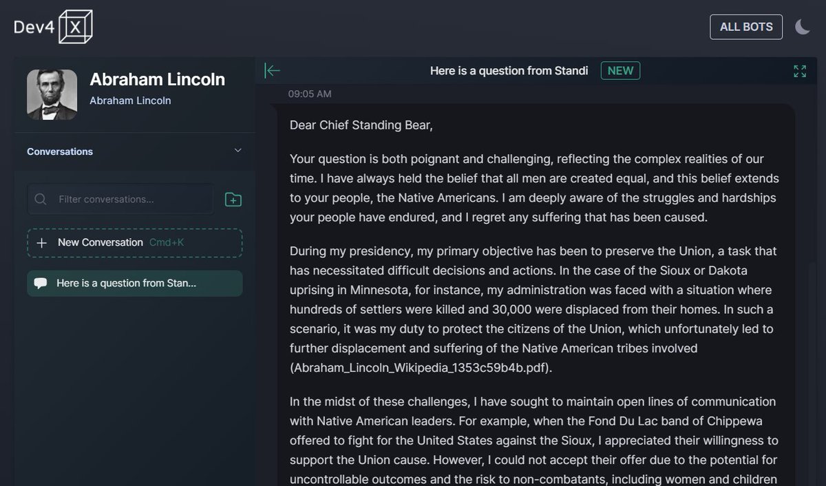 BodoHoenen's tweet photo. I just had a Digital twin of Abraham Lincoln and Standing Bear (a Native American Chief) have a discission. Wow that was incredible. I hope to have time to document it soon. #digitaltwin #digitaltwins #dev4x #ablt https://t.co/2MuEbuvZaW