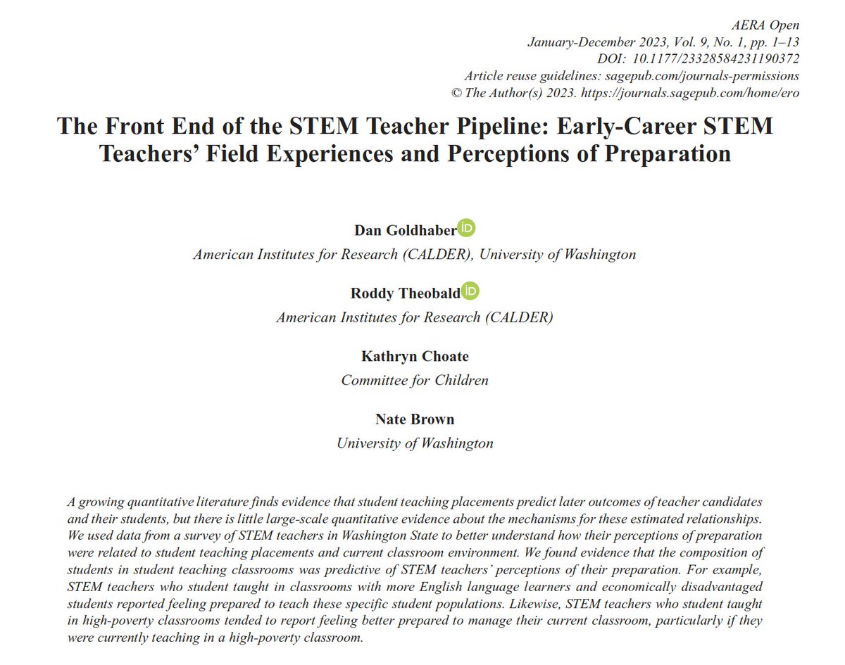 Hot off the press our @NSF funded article on early-career STEM teacher field experiences and perceptions of preparation is out in @AeraOpen: doi.org/10.1177/233285…

1/4

What do we (@RoddyTheobald @nate_brown12 Katie Cheat) find 👇