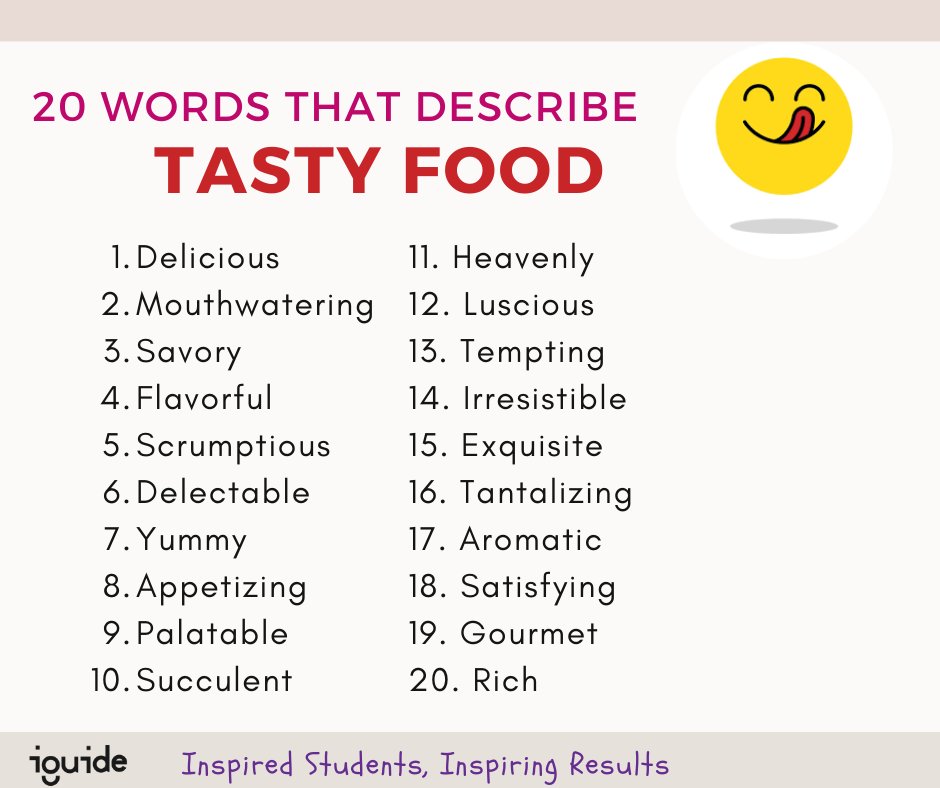 iGuideAcademy's tweet image. Let&apos;s enrich our vocabulary. 20 ways to describe a tasty/yummy food.
#WordyWednesday #englishvocabulary #englishtutor #iguideacademy