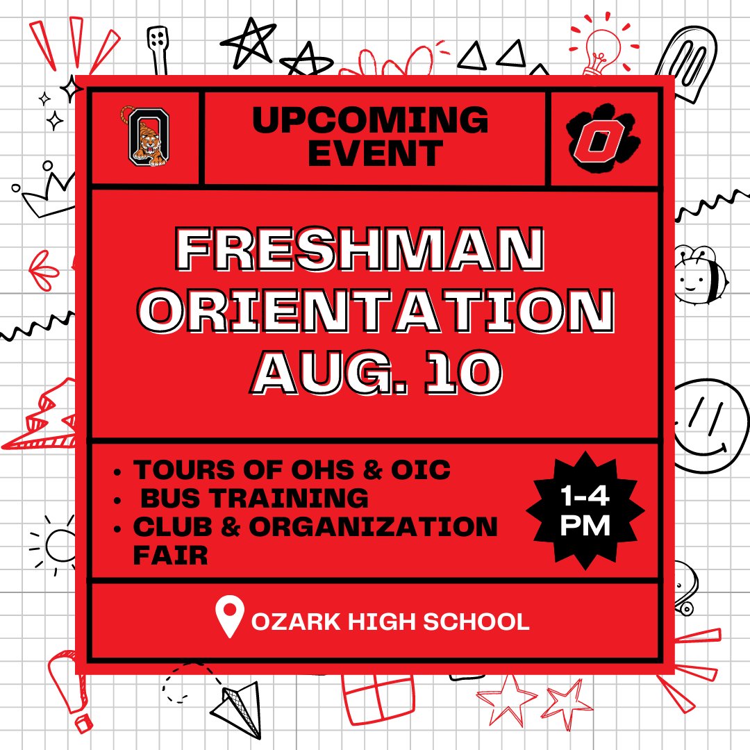 OzarkTigers's tweet photo. ❤️🖤 Attention class of 2027 ❤️🖤  Tomorrow is Freshman Orientation!
Just to clarifiy ... the event is for STUDENTS ONLY and will last the ENTIRE 3 hours. Students will tour the OHS and OIC buildings, check out clubs and more! https://t.co/uMUzI3jjjV