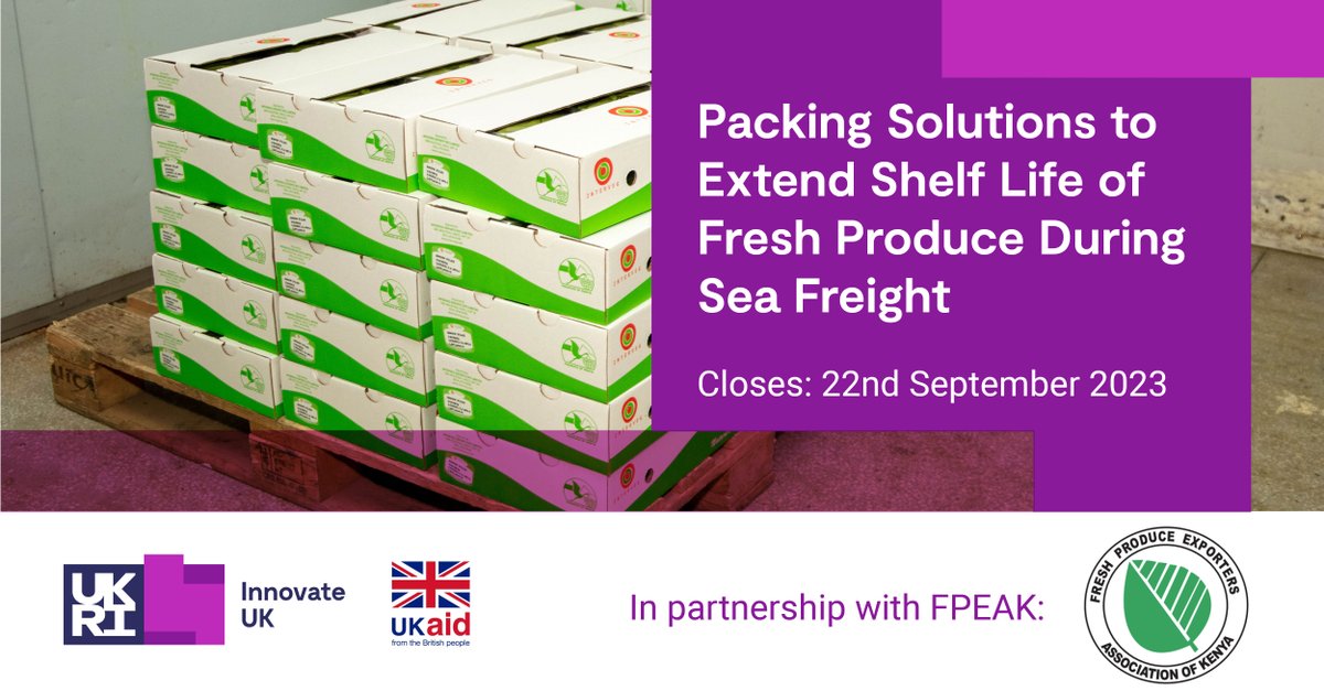 Africa-based entrants, UK-based entrants and RoW are invited to apply for the #GlobalAllianceAfrica #FreshProducePackaging Open Innovation #AfricaChallenge from <a href="/FPEAK_/">Fresh Produce Exporters Association of Kenya</a>! Apply here by 22nd Sept: bit.ly/3KAgZ9k 
#africachallenge <a href="/innovateuk/">Innovate UK</a> @IUK_KTN <a href="/FCDOGovUK/">Foreign, Commonwealth & Development Office</a> <a href="/UKaid/">UK aid</a>