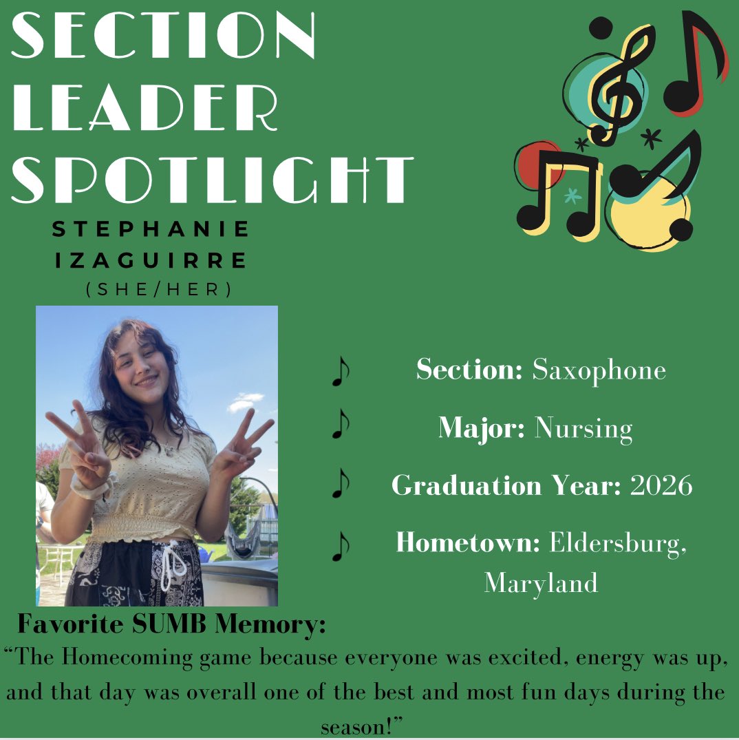 The final Section Leader Spotlight for our 2023 SUMB goes to Stephanie ! Stephanie is the leader of our saxophone section, and she was a member of our Jazz Combo at our Spring Concert this past May. This rounds out our 2023 SUMB Section Leaders. #stevensonuniversity