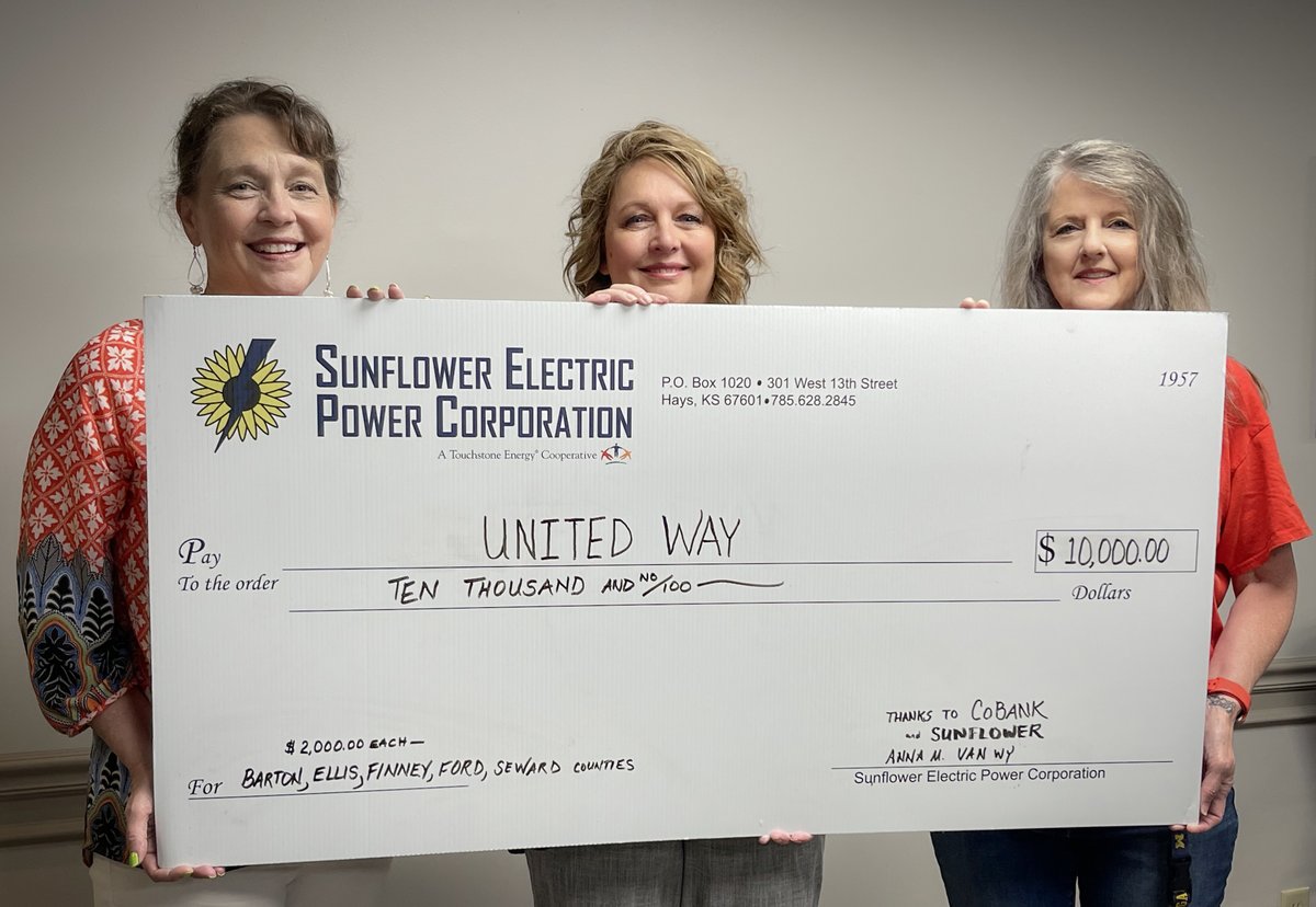 Sunflower and its employees recently donated $10,000 to <a href="/UnitedWay/">United Way</a> as part of the <a href="/CoBank/">CoBank</a> Sharing Success matching grant program. The funds were split between the Barton, Ellis, Finney, Ford, and Seward County United Way programs.