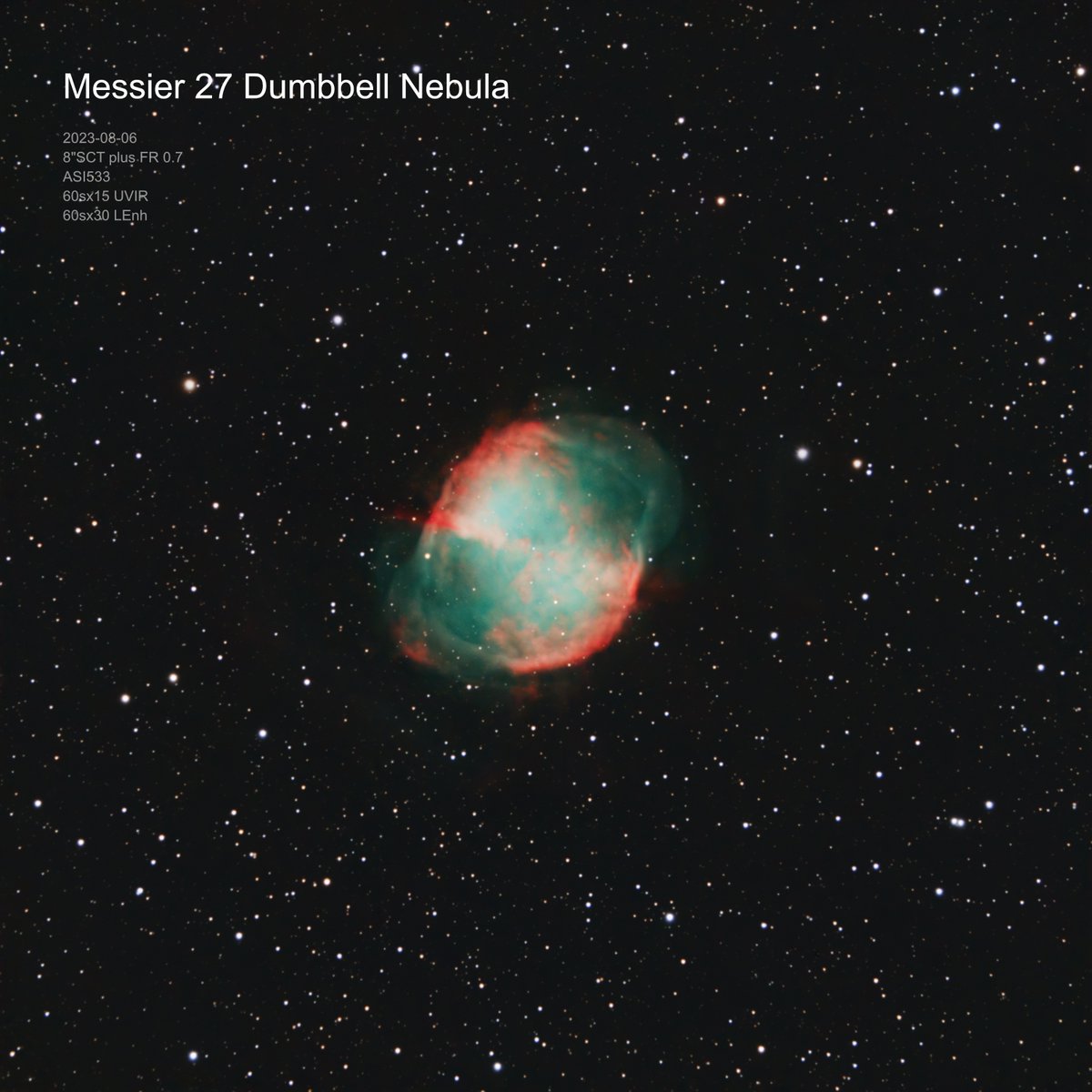 cpl43uk's tweet photo. #Messier27 #Dumbbell Planetary Nebula really is an attractive, quick object to image this time of year despite being the death throes of a star #EAA I never tire of looking at it "build up" on my iPad @zwoasi #asiair https://t.co/juOJDAwAWs