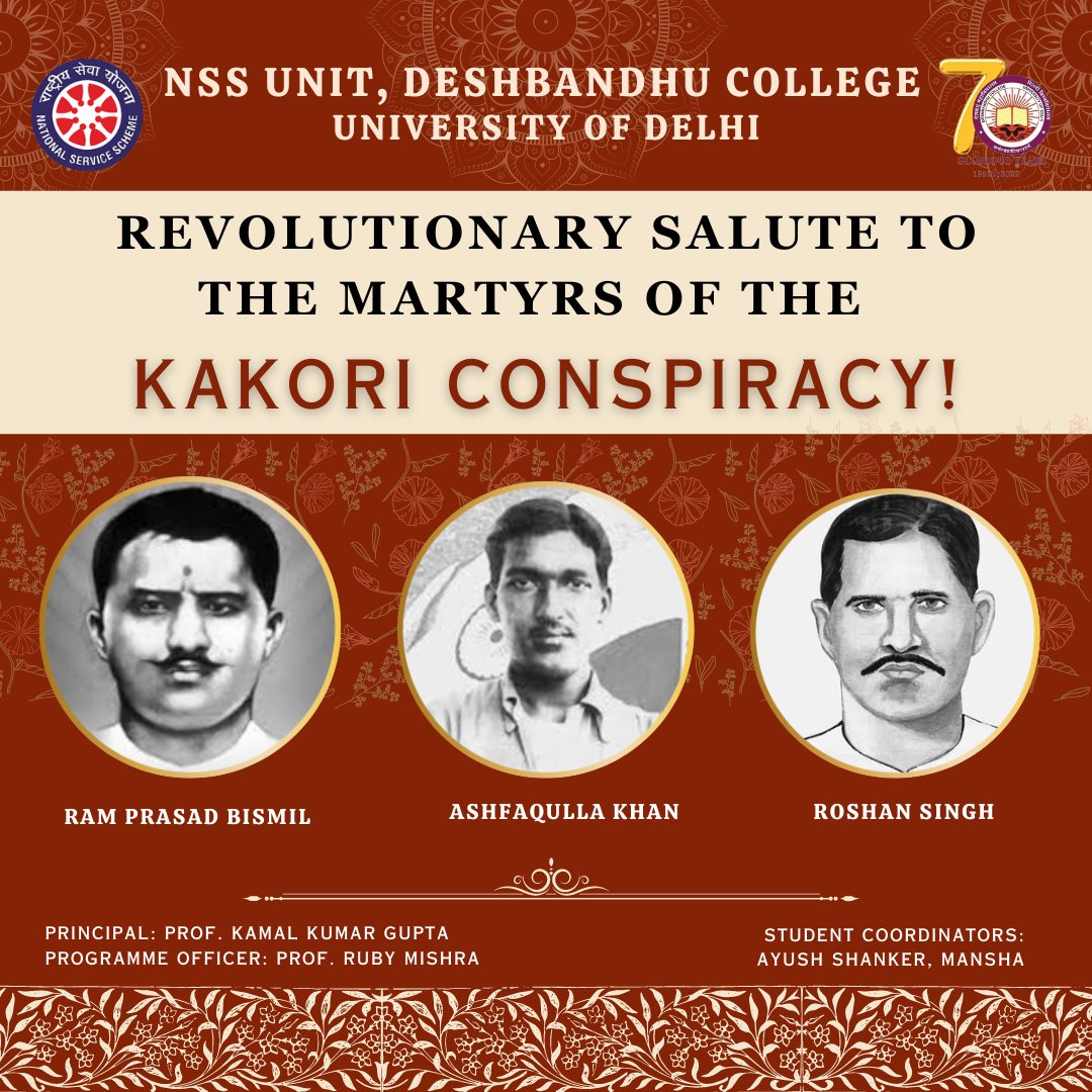 NssunitDbc's tweet photo. The Kakori Incident is a reminder of the sacrifices that were made by the Indian revolutionaries in their fight for independence. The NSS Unit of Deshbandhu College remembers the great sacrifices of our nation’s freedom fighters and celebrates the Kakori Incident Day. https://t.co/oGHixoazgm
