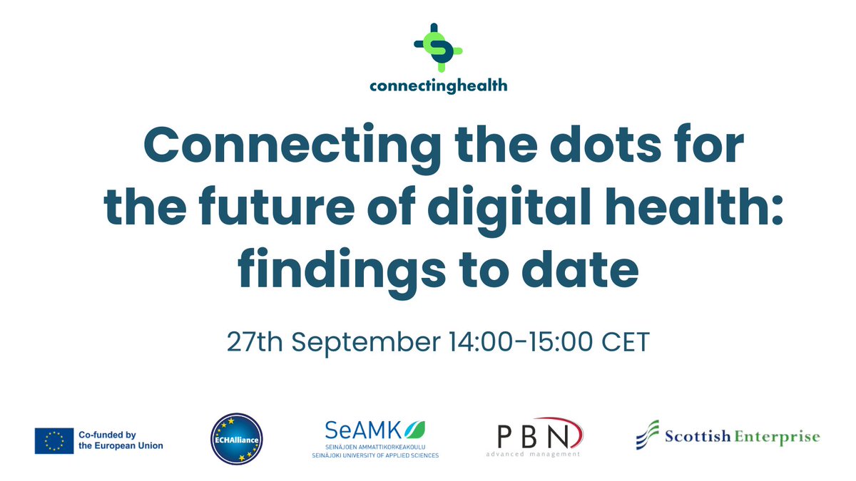 📢Join #CONNECTINGHEALTH's project consortium on 27 Sept 14:00-15:00 CET for an exclusive opportunity to connect the dots within #DigitalHealth innovation ecosystems. We will share the project findings to date on various subject areas🙌

✍️Register now👉 us02web.zoom.us/webinar/regist…