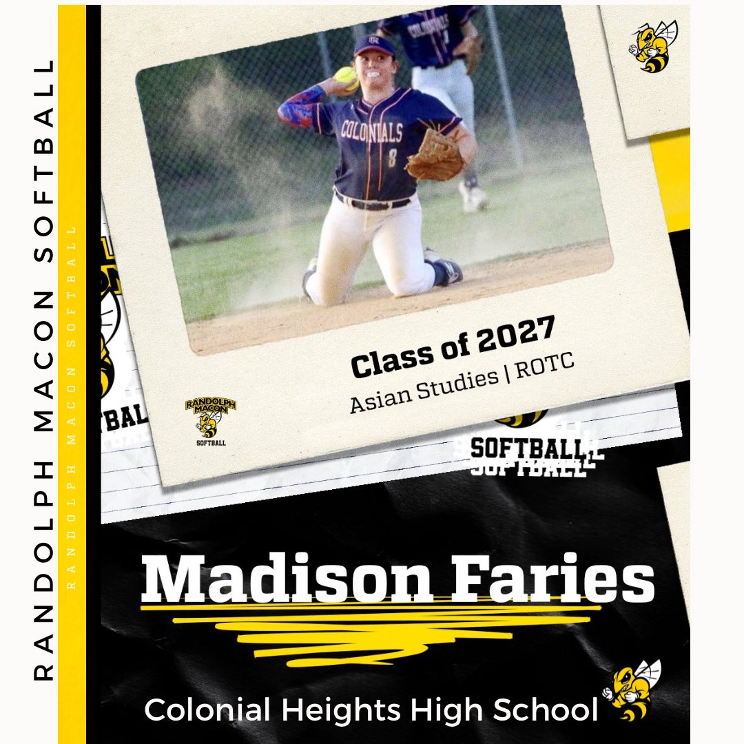 ✨𝑴𝒂𝒅𝒊𝒔𝒐𝒏 𝑭𝒂𝒓𝒊𝒆𝒔
Madison is a utility player from Colonial Heights.She wants to major in Asian Studies &amp; ROTC.Madison has been named a 2x 1st Team All-Region,1st Team All-State &amp; 2nd Team All-Metro player. Academically,she is in many clubs &amp; received many awards! 🐝