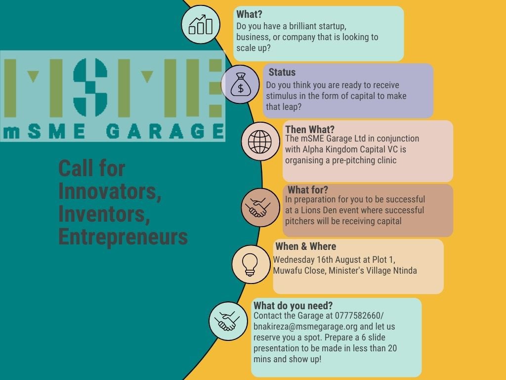 CALL CALL🔊🔊

Are you a small business looking to scale up? In partnership with Alpha Kingdom Kampala VC, <a href="/msmegarage/">mSME Garage</a> is offering a pre-pitching clinic for businesses. This clinic will prepare the businesses for funding opportunities during the Lion’s Den event in September 2023