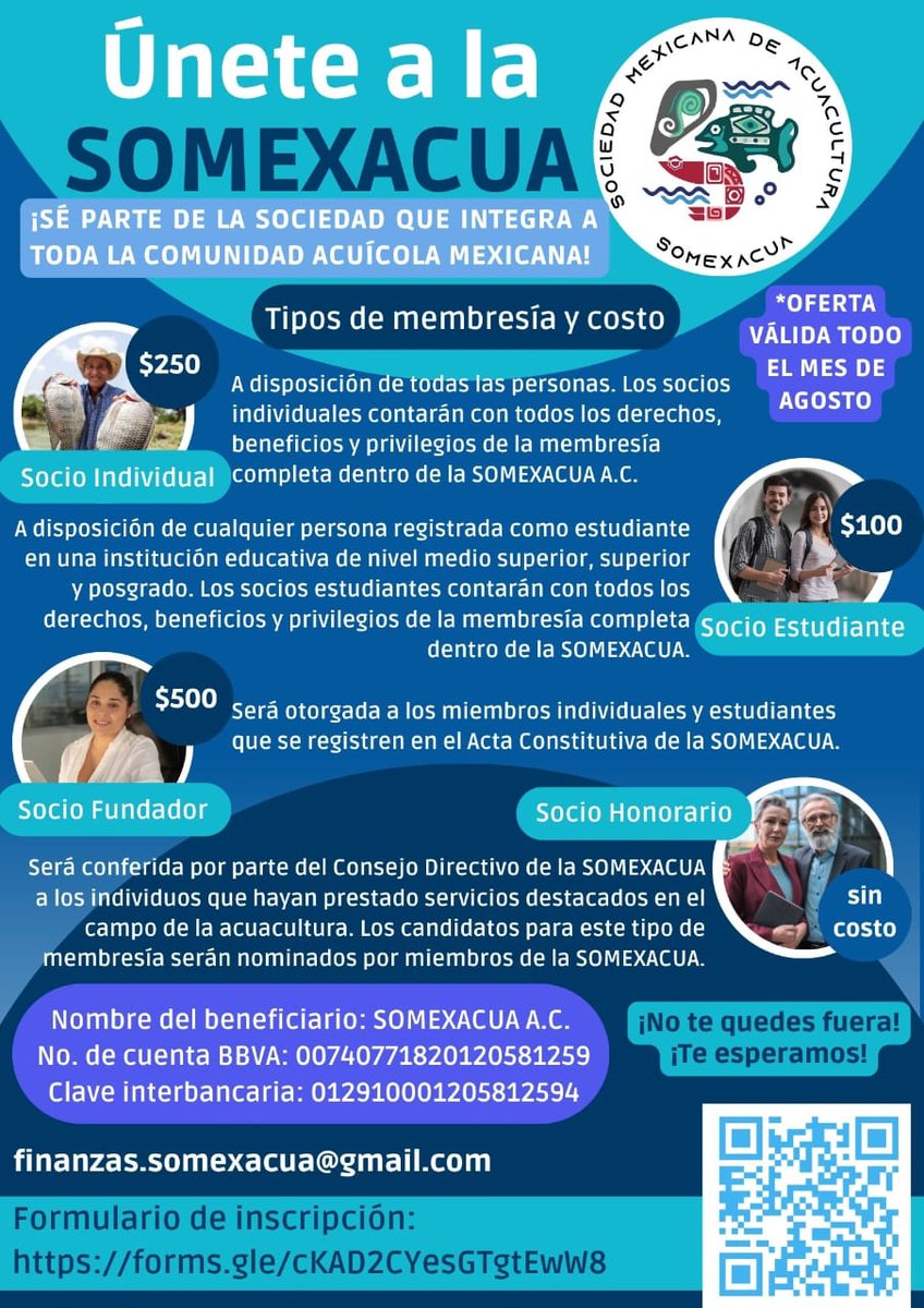 ¡Atención! La Sociedad Mexicana de Acuacultura convoca a tod@s los interesados al proceso de inscripción durante este mes de Agosto, tu participación cuenta y suma para integrar a toda la comunidad acuícola mexicana!, link de inscripción forms.gle/cKAD2CYesGTgtE…