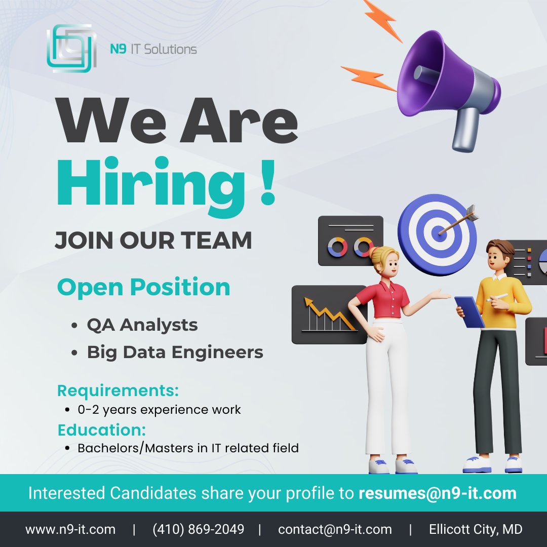 We are Hiring for the position of QA Analysts and Big Data Engineers in our USA location. just mail your resume to resumes@n9-it.com Contact us for more details - +1 410-869-2049 Website - n9-it.com #qaanalyst #BigData #SoftwareDeveloper