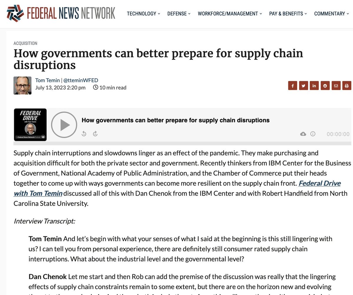 ICYMI:  How governments can better prepare for supply chain disruptions.  Listen to the podcast with @tteminWFED @FederalNewsNet, @Robhandfield @SupplyChainNCSU, and @chenokdan. The disruptions make purchasing and acquisition difficult for both the private sector and government.