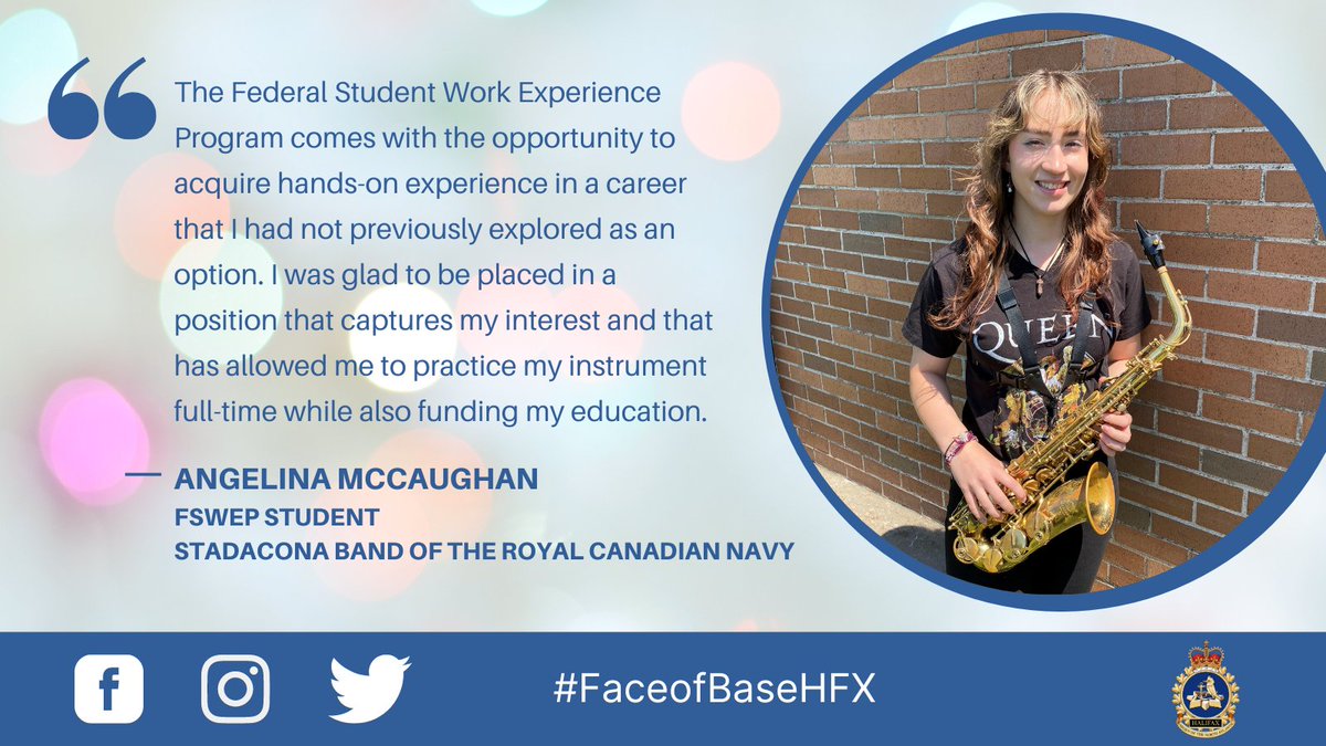 CFB_BFCHalifax's tweet photo. Have you ever wondered what it would be like to spend the summer working with the Stadacona Band of the Royal Canadian Navy? Well, today’s #FaceofBaseHFX FSWEP student Angelina McCaughan has been able to do just that! Info: https://t.co/jwslqxt8xv https://t.co/7TxgQADPHf