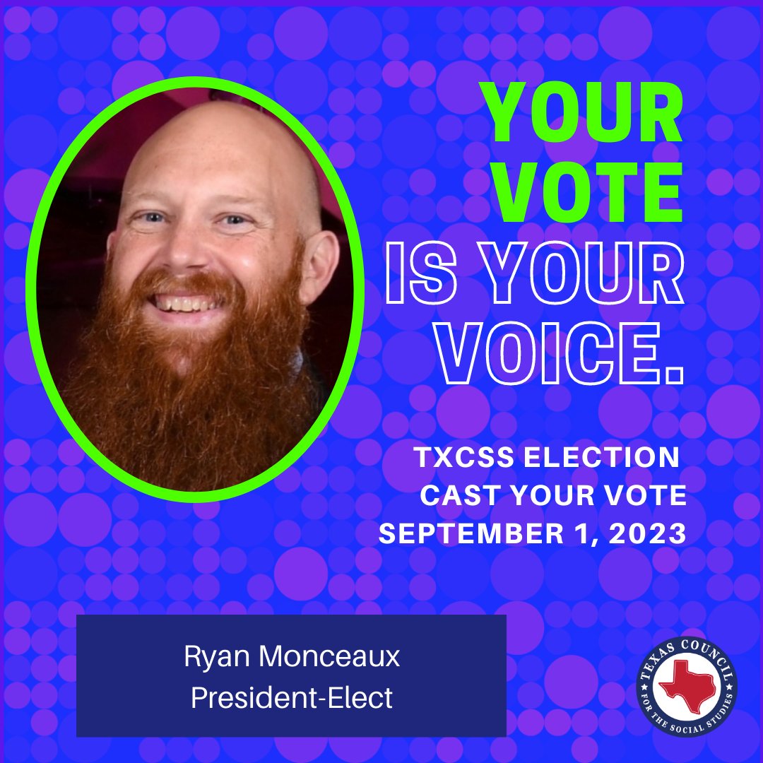 TxSocialStudies's tweet photo. Why engage as a TXCSS officer? Ryan D Monceaux seeks to provide our professionals with the tools needed to do this important work while growing TXCSS as our next President-Elect. Elections open Sept 1. Get to know the candidates at https://t.co/SEsy9o7PBv #txcsselection https://t.co/HEepYUWlxi