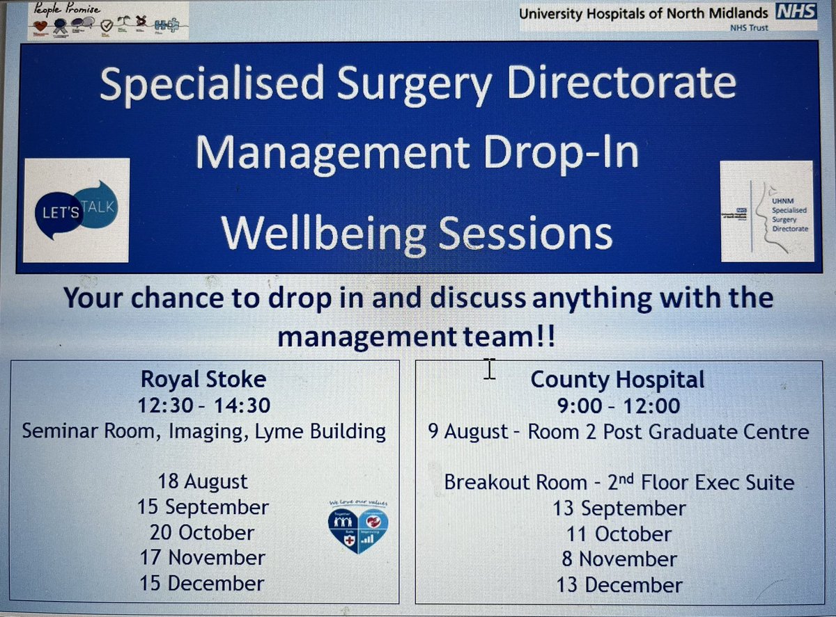 Matron and I are ready and waiting for our first Directorate Management Team drop in well-being session - open to any staff in Specialised Surgery to pop in for a chat with us - today in Post Grad at County Hospital  @amandapMatron