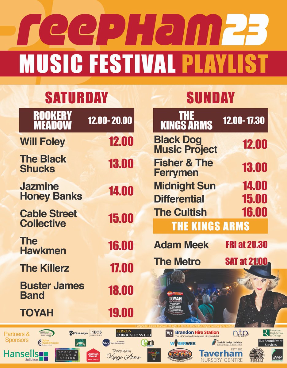 Reepham Festival 12-13 August 2023 (@reepham) on Twitter photo Reepham Festival is this weekend! 2 days, 3 stages, over 15 hours of live music, all for £38 per adult (u16s with adult just £1). <a href="/toyahofficial/">Toyah Willcox</a> is our headline. Tickets reephamfestival.co.uk or on the gate.
#ReephamFestival is sponsored by <a href="/hansellssols/">Hansells Solicitors</a> Reepham Festival is this weekend! 2 days, 3 stages, over 15 hours of live music, all for £38 per adult (u16s with adult just £1). <a href="/toyahofficial/">Toyah Willcox</a> is our headline. Tickets reephamfestival.co.uk or on the gate.
#ReephamFestival is sponsored by <a href="/hansellssols/">Hansells Solicitors</a>