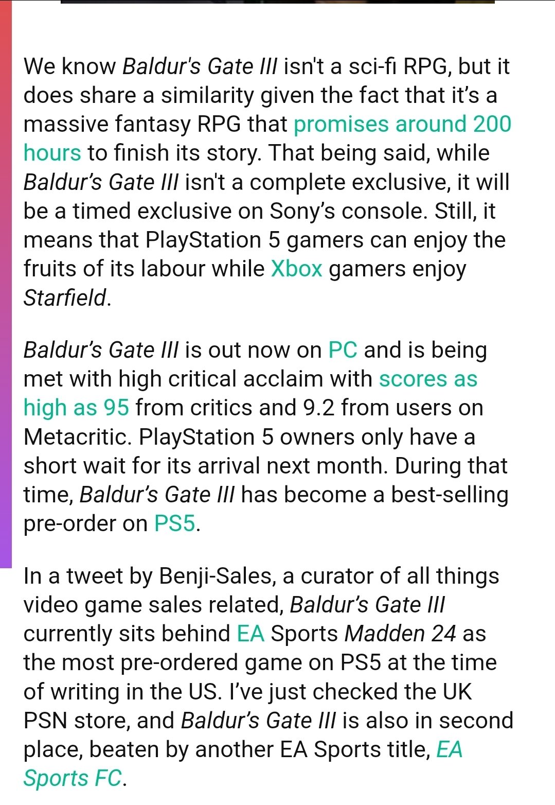 Baldur's Gate 3 currently sitting at 9.2 user score on Metacritic