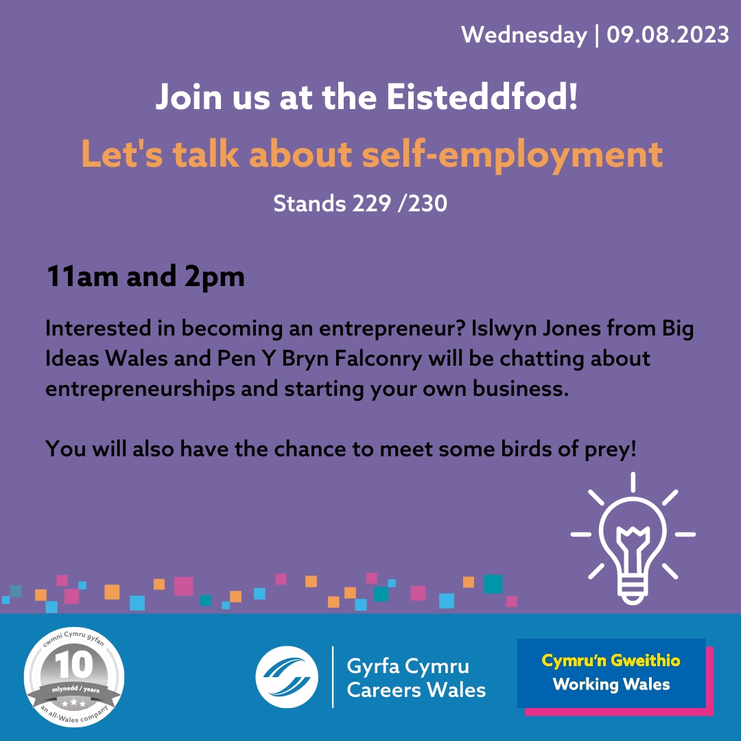 It’s day five and our expert team are ready to help you with your career journey 💬 🤗

Also, if you’re thinking about starting your own business, join us for our employer workshop with <a href="/BigIdeasWales/">Big Ideas Wales</a> and Pen Y Bryn Falconry at 11am and 2pm 🦅

📍 Stands 229 and 230
@Eisteddfod