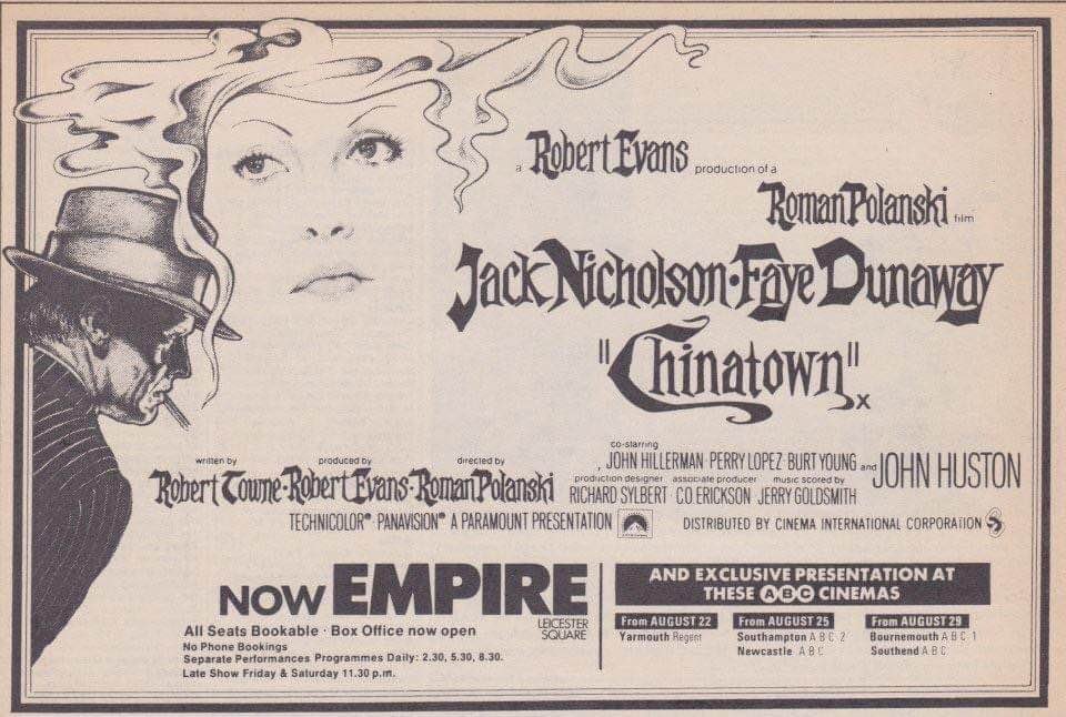 Forty-nine years ago today, Chinatown opened at the Empire Leicester Square... #chinatown #JackNicholson #FayeDunaway #JohnHuston #RomanPolanski #1970s #films #film #crime #MYSTERY #neonoir #RobertTowne