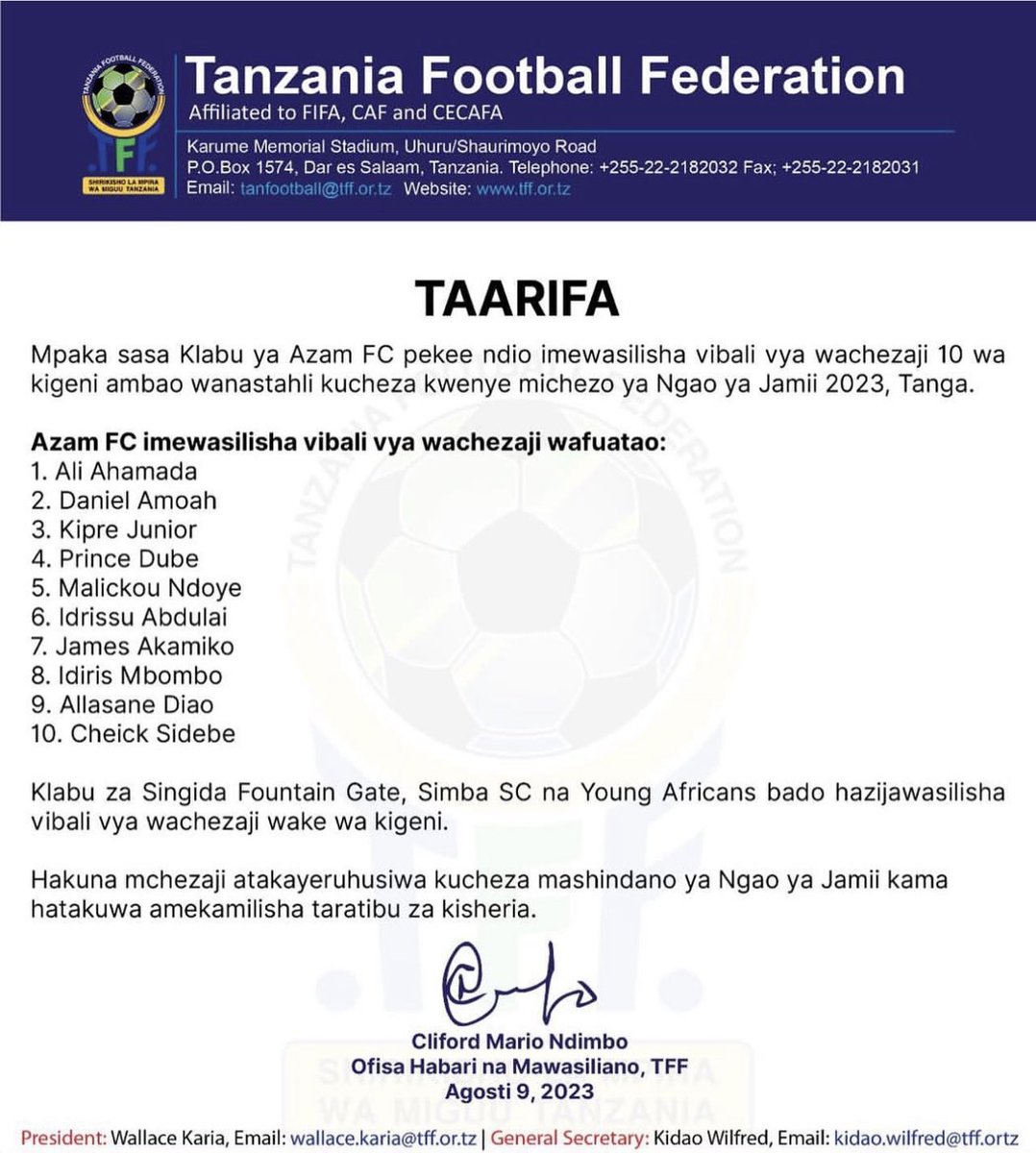 jemedarisaid's tweet photo. Taarifa kutoka Shirikisho la Soka Tanzania MPYAAA…!!!!! https://t.co/MIHcufszzy