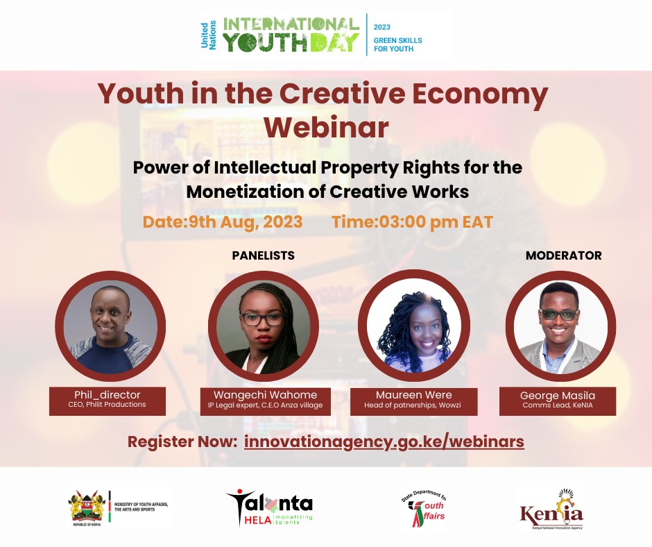 mausyoki's tweet photo. Youth in the Creative Economy Webinar happening today at 3pm. The conversation will be centered around leveraging #Innovation and Intellectual Property (IP) Rights to monetize creative works. Reg Link: https://t.co/Xj2OT8rJIh @AbabuNamwamba @IsmailMaalim19 @rochieng @SDY_Ke https://t.co/4Cn8KtLUIM